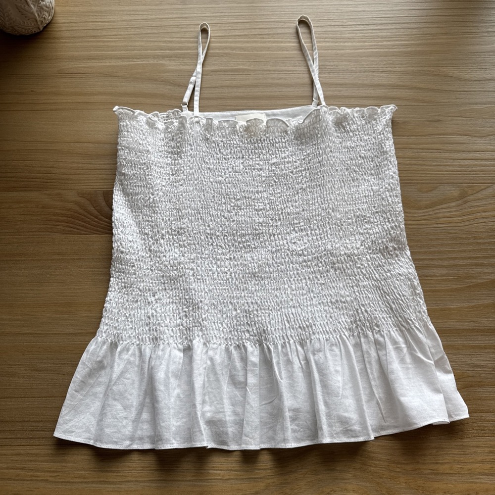 NWOT Maeve Anthropologie Linen Blend Smocked Tank Top Color White Size Large